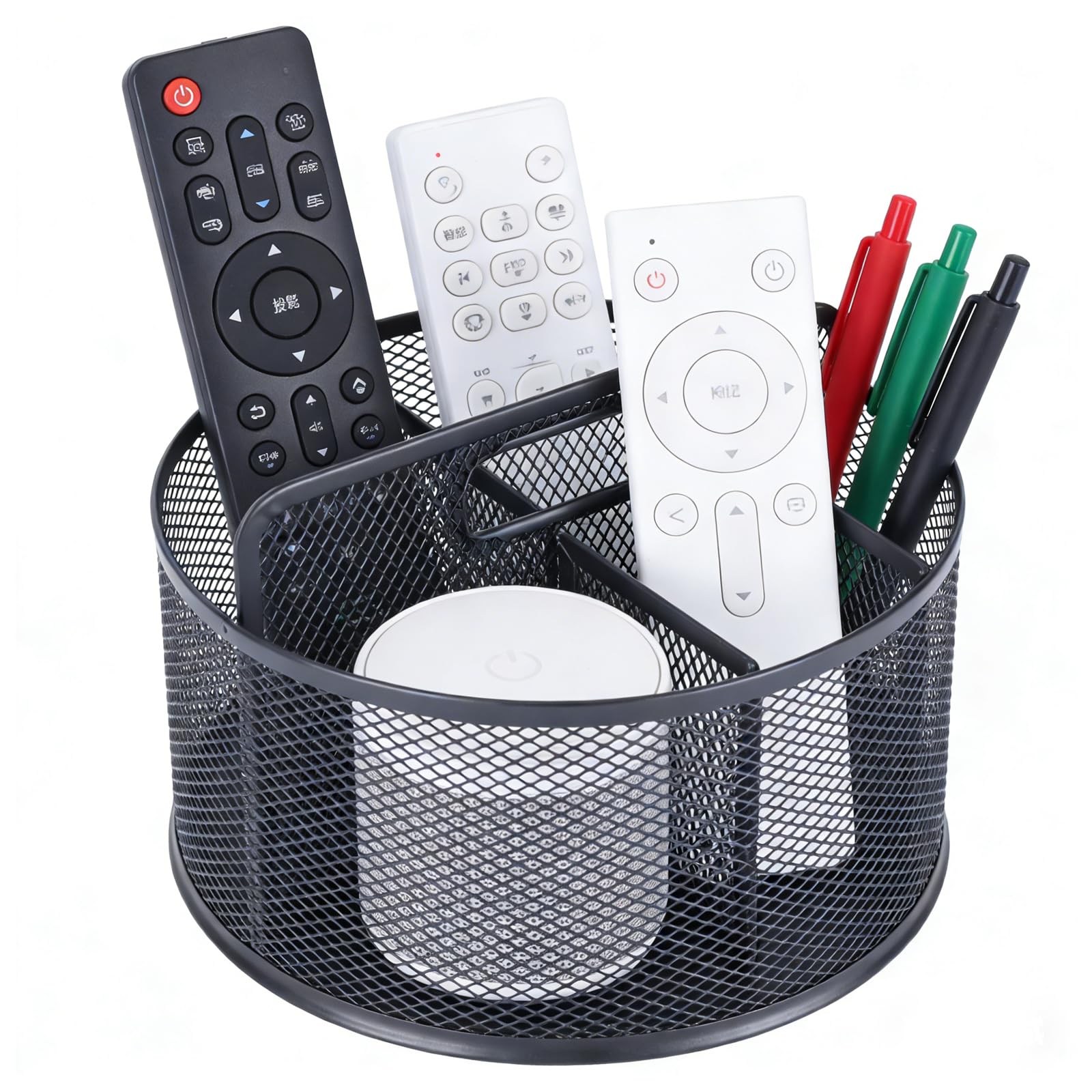 Punorric Remote Control Holder - Rotatable TV Remote Holder, 5-Compartment Metal Desk Organiser for Remotes, Stationery, Cosmetics - Multi-Scene Storage for Home & Office
