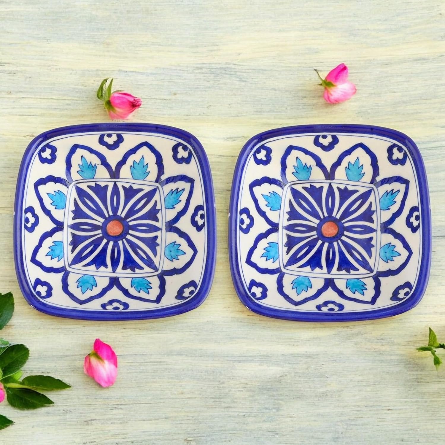 NATRIEL Handcrafted Blue Pottery Decorative Bowls, Blue and White Floral Pattern, 6 Inch, Set of 2