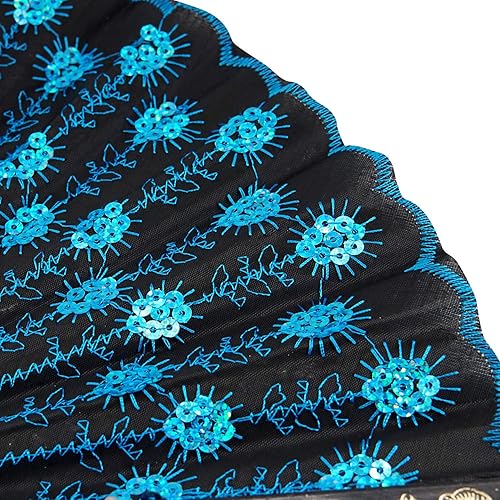 Miniatura 4 de Innolife Elegant Colorful Embroidered Flower Peacock Pattern Sequin Fabric Folding Handheld Hand Fan Hand-Crafted (Sky Blue)