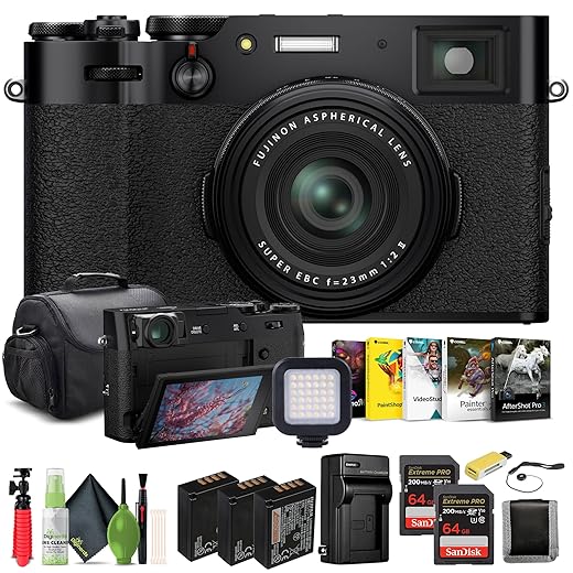 FUJIFILM X100V Digital Camera (Black) (16643000) + 2 x 64GB Card + Card Reader + 2 x NP-W126 Battery + Charger + LED Light + Corel Photo Software + Case + Flex Tripod + Memory Card Wallet + More
