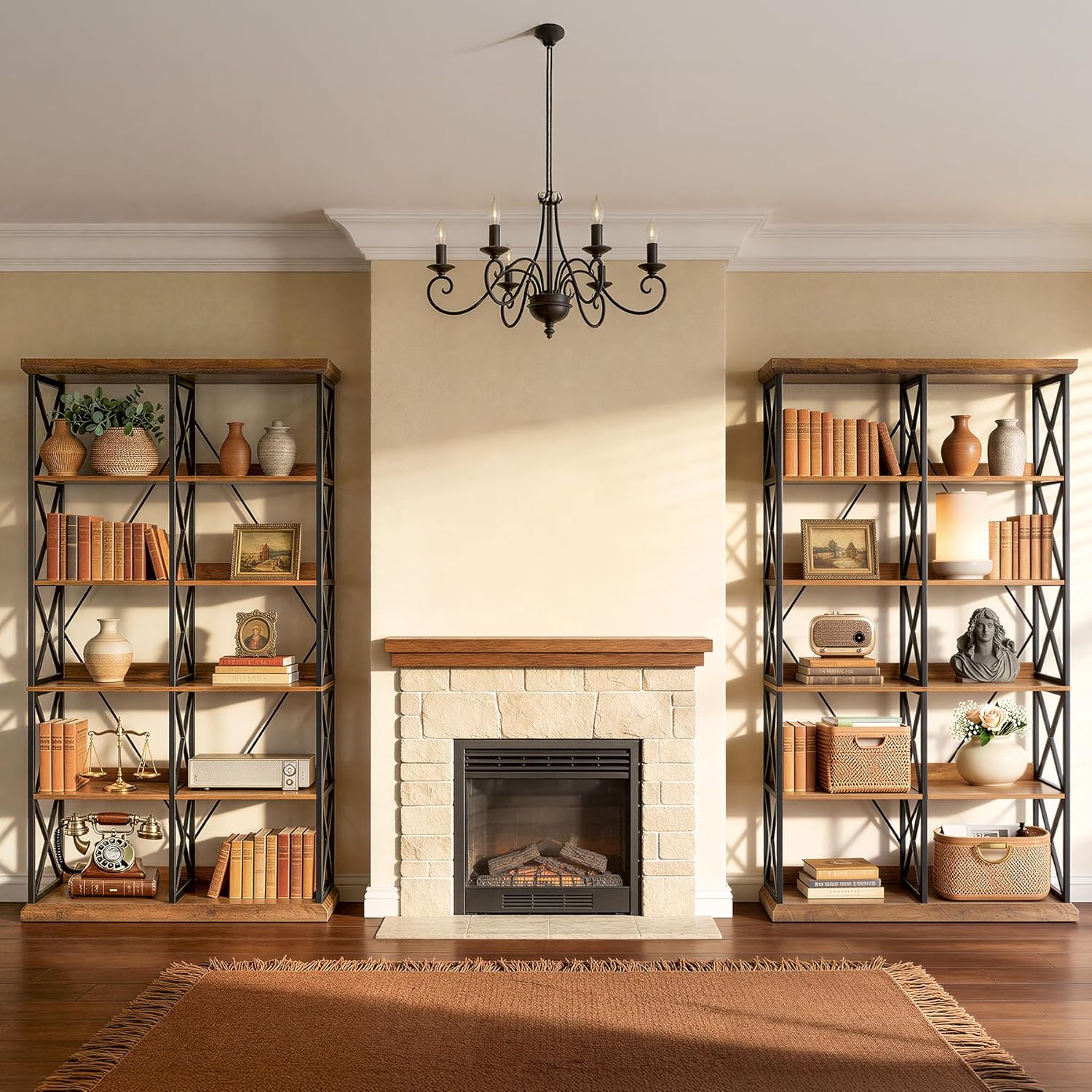 LITTLE TREE Industrial Bookshelf, 6-Tier 47" Wide Bookcase, 75" Tall Standing Shelf Units with 12 Wooden Shelves, Large Open Metal Display Organizer for Office, Living Room, Bedroom, Rustic Brown - Image 9