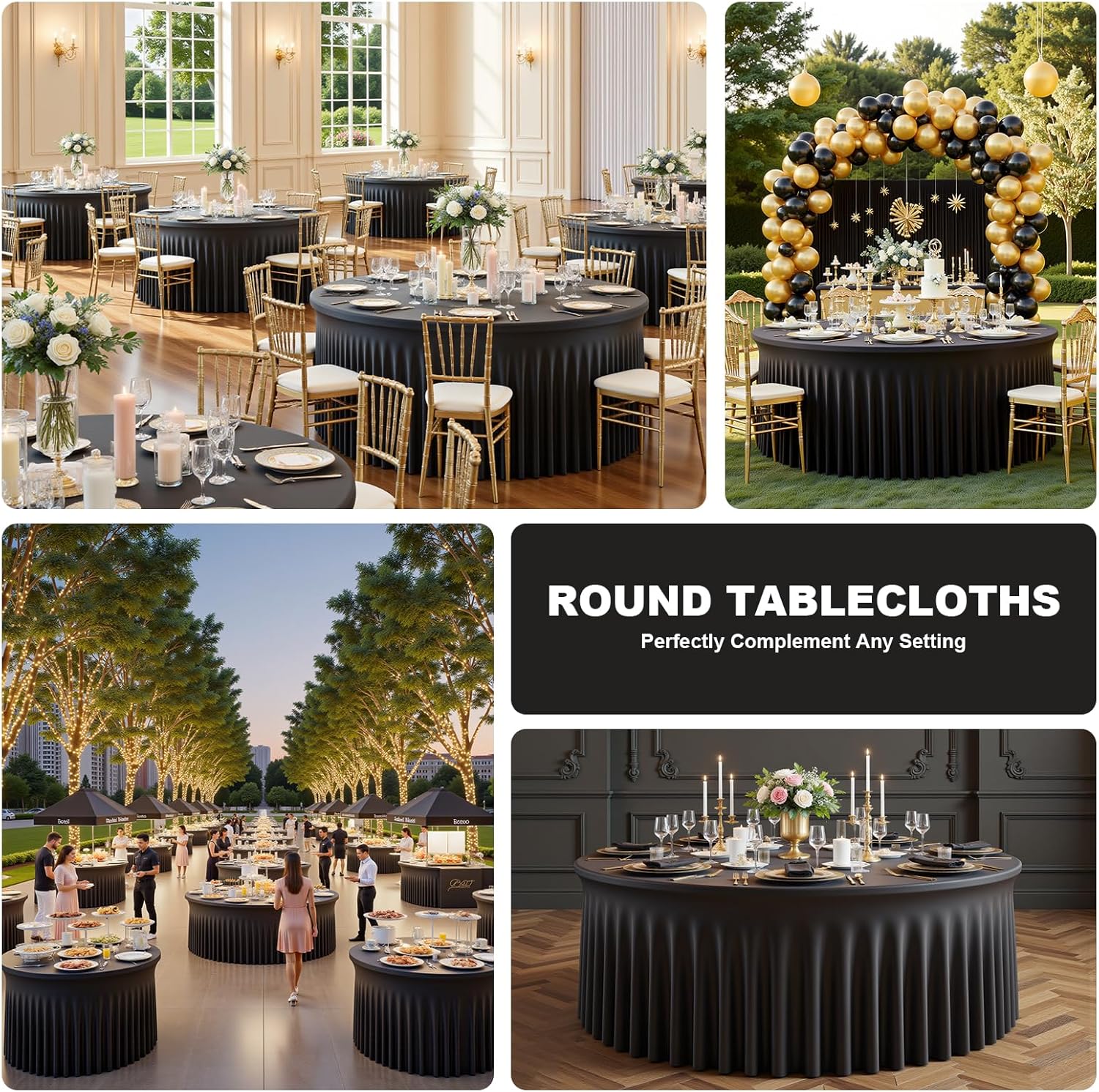 2 Pack Black 60 inch Round Spandex Tablecloth, Washable Stretchy Fitted 5FT Round Tables,Elastic Edge with Skirt, Wrinkle-Free Table Cloths for Wedding Banquet Party Birthday Buffet
