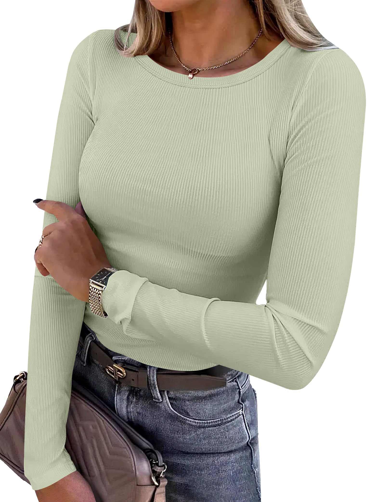 ANRABESS Women Long Sleeve Shirts Rib Knit Slim Fit Tops Basic Tee Spring Outfits Casual T-Shirt Underscrubs Layer Clothes