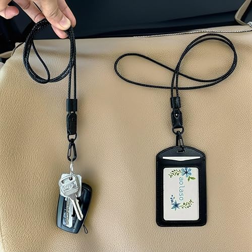 Miniatura 3 de Cordón de cuero para llaves - Llavero de cuero para tarjetas de identificación negro con cierre de metal para tarjetero, llaves de automóvil,