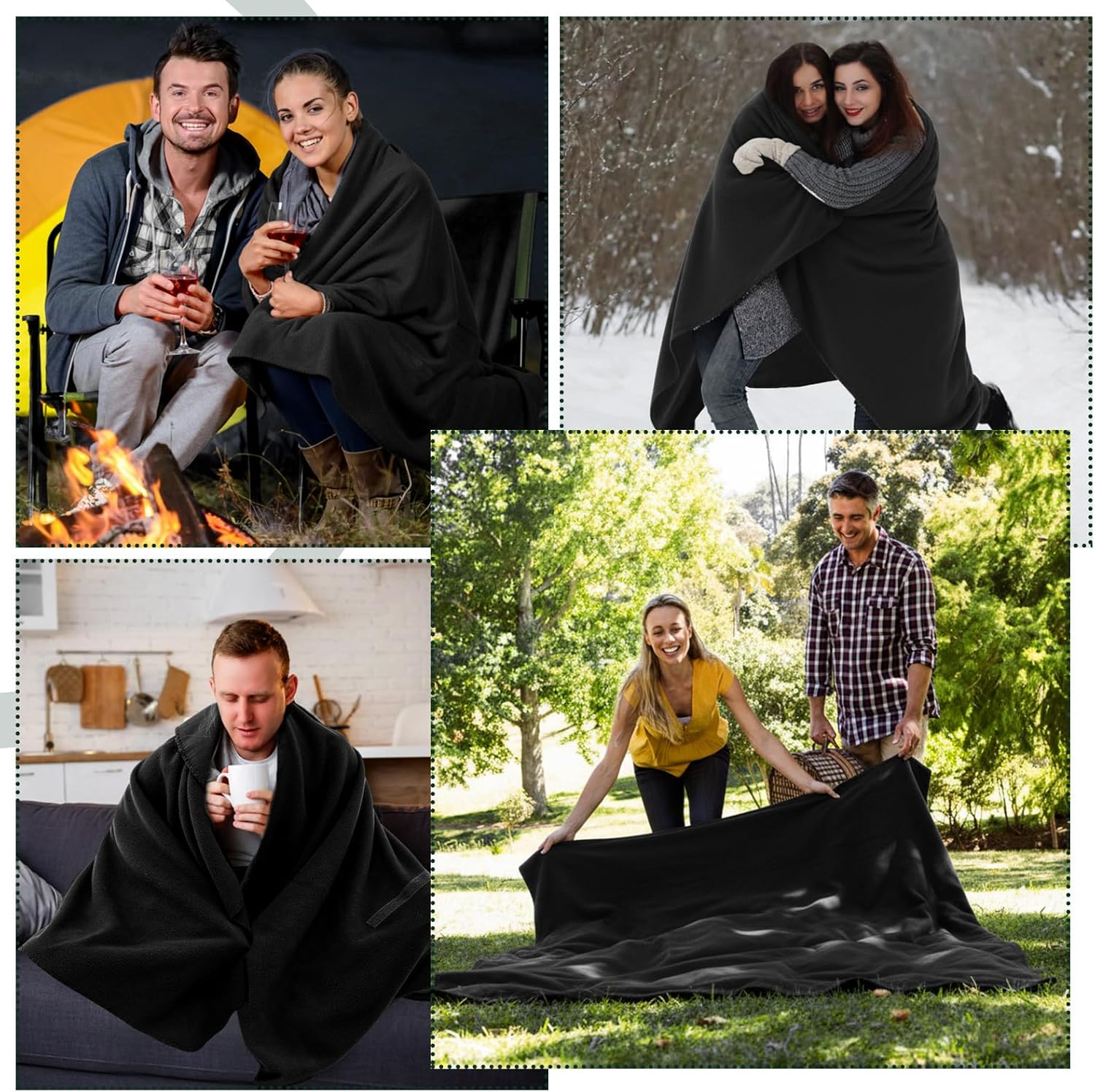 12 Pack Outdoor Blankets Bulk, Foldable Picnic Blanket Camping Throws with Fleece Lining 48 x 53 in Large Size & Windproof for Stadium, Camping, Picnic, Car, Outdoor Sports Events(Black)