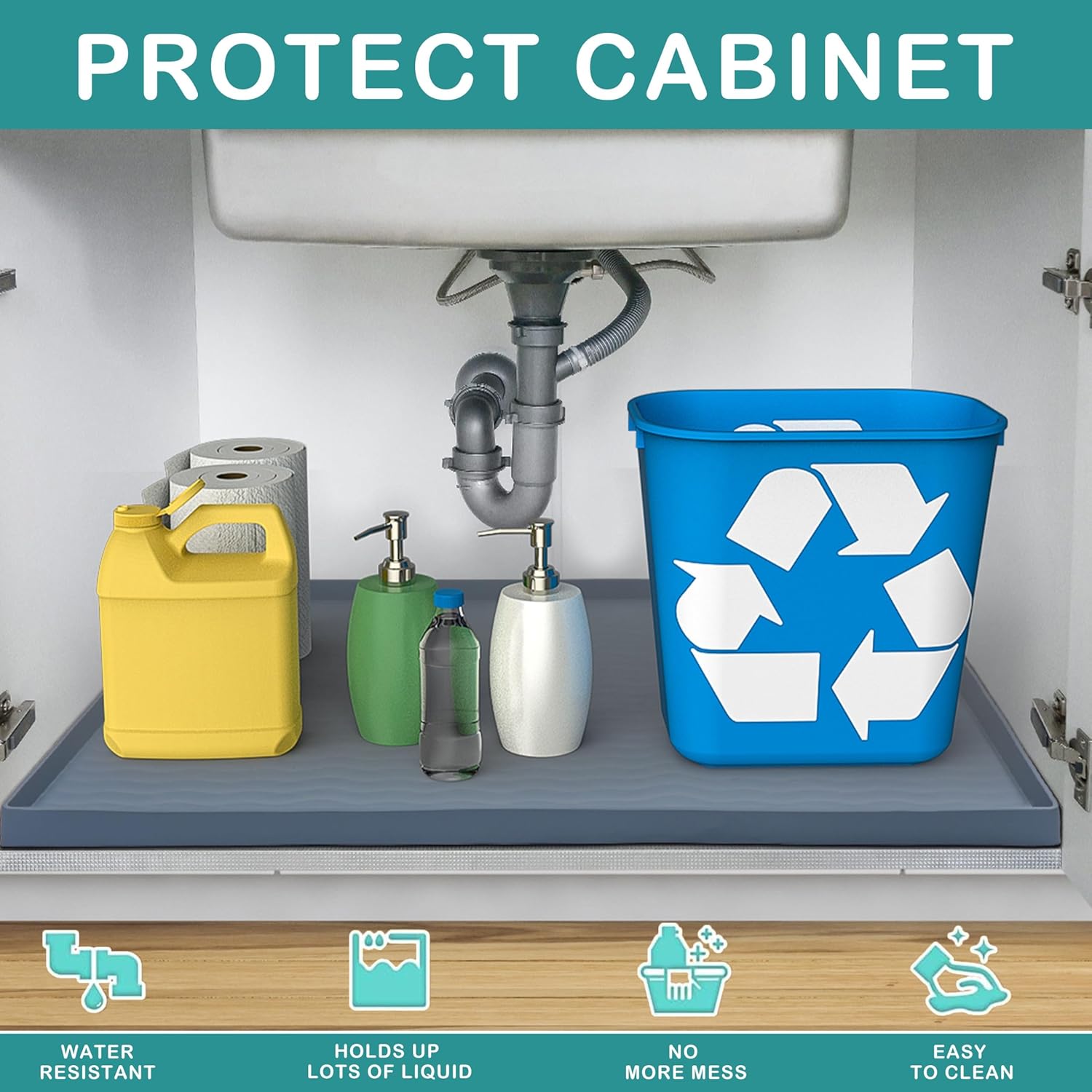 urmona waterproof silicone under sink mat 22'' x 22'' shelf liner for kitchen and bathroom, cabinet and counter protector, storage and organizers, litter mat, pet cat puppy essentials(brown) brown 22"w x 22"l