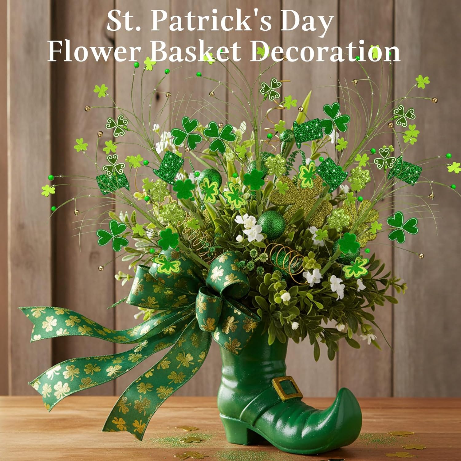 Thiccywoov 12 Pcs St. Patrick's Day Shamrock Berry Stems Decor Tree Glitter Stems Ornaments for DIY Holiday(Green,Shamrock)