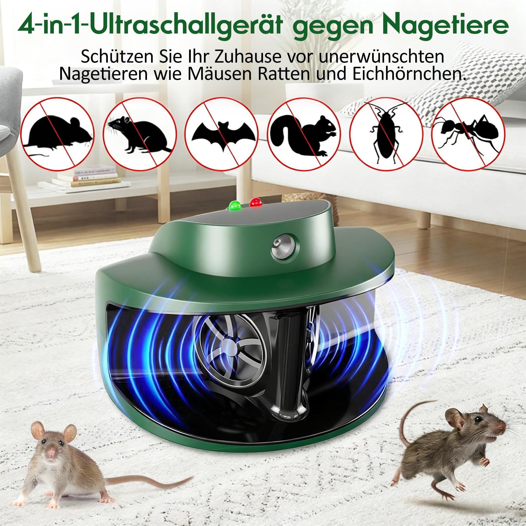 MEKEET Ultraschall Maus und Ratten 360°, Mäuseabwehr, Frequenz Regelbar, LED Stroboskoplicht Nagetierbekämpfung für Nagetiere, Spinnen, Eichhörnchen, Mäuse