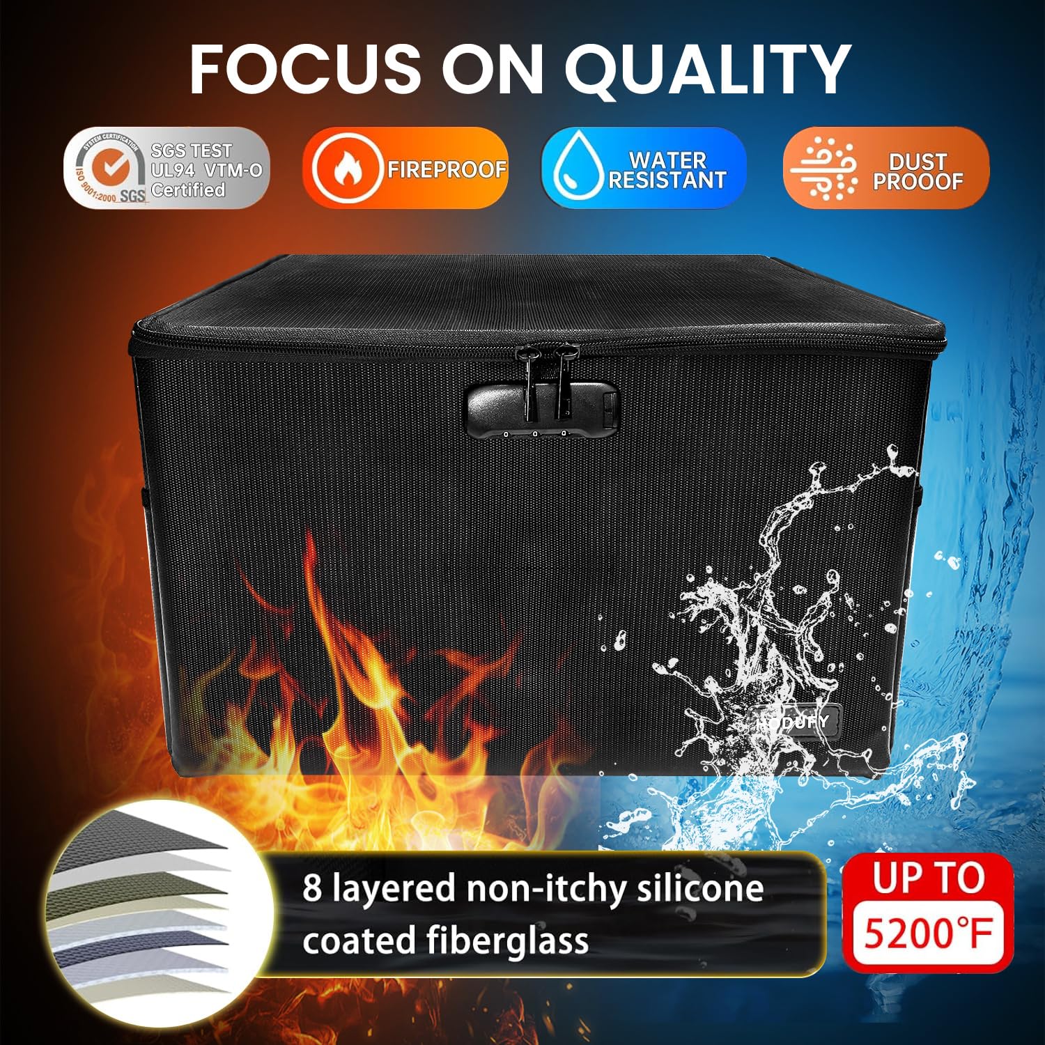 Große (409 x 322 x 270 mm) Feuerfeste Geldkassette (5200℉), 8 Layer Wasserdichte und Feuerfeste Dokumentenbox, Bankers box mit Schloss, zusammenklappbare Aufbewahrungsbox zum Aufhängen von Brief