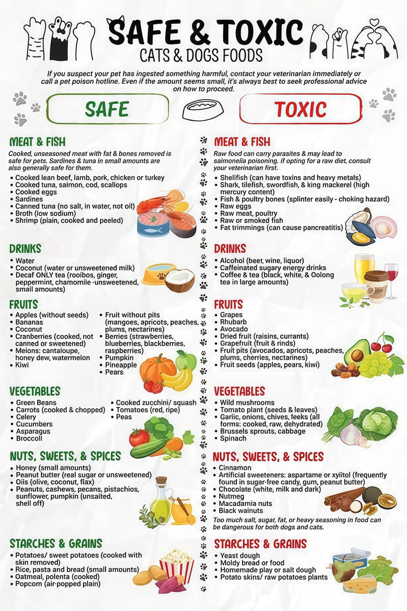 HGETJOHXEM Keep Pets Safe Poster - Dangerous Foods for Dogs & Cats to Avoid, Important Reminder Chart for Kitchen, Humane Society & Pet Shelter Decor(Unframed,16x24inch(40x60cm))