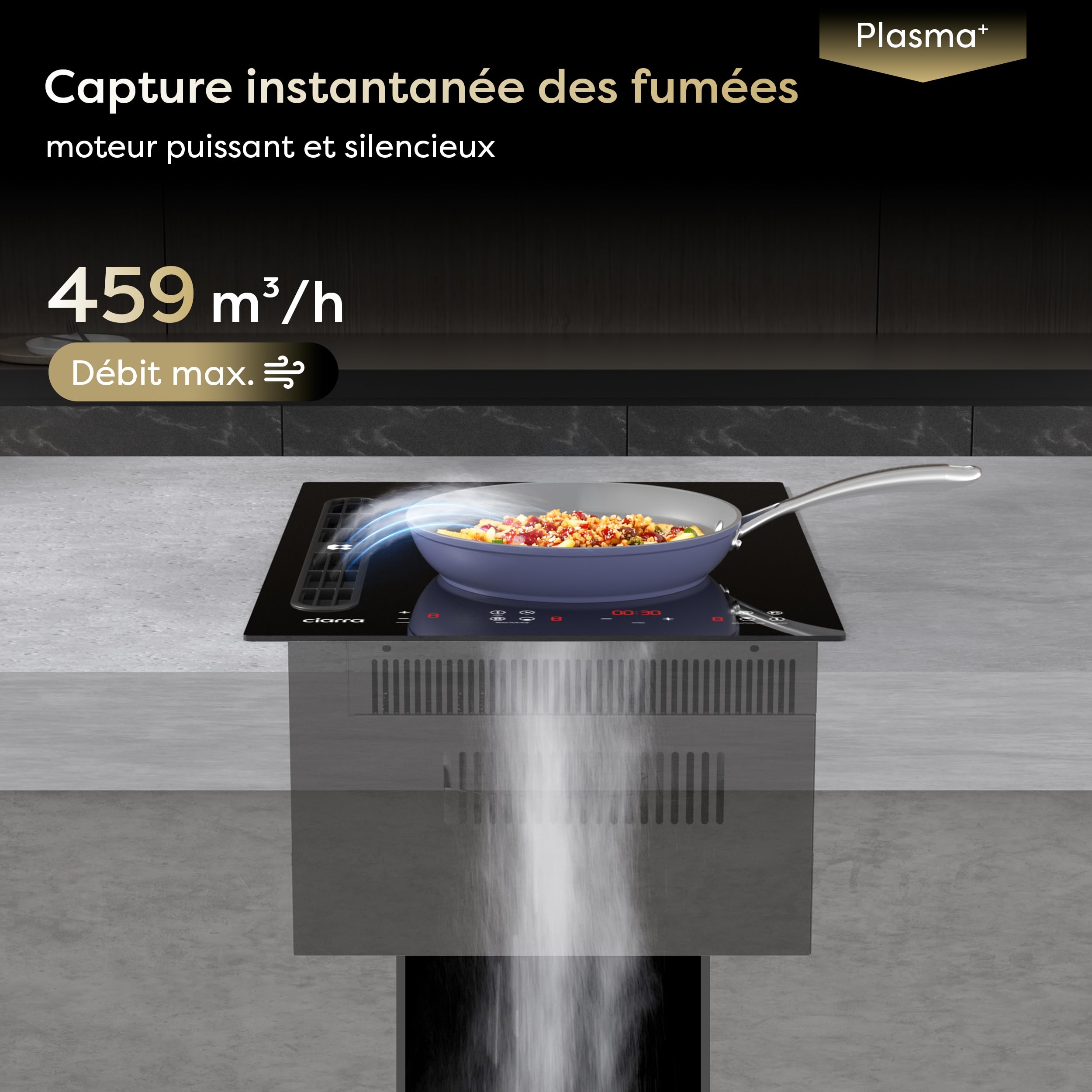 CIARRA ONE CBBEH392BF Plaque de cuisson à induction avec hotte aspirante, hotte de table intégrée, 39 cm, 2 plaques, Flexzone, 9 niveaux, sécurité enfant, minuterie, Stop & Go Booster