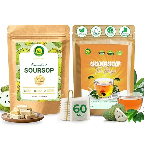 SUNBELEAF Té de guanábana liofilizada de 3.52 onzas + 60 bolsas de té de hojas de guanábana de primera calidad, refrigerio orgánico de frutas