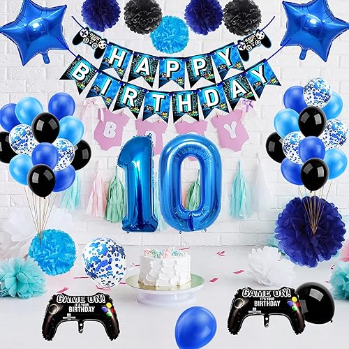 Miniatura 4 de 53 decoraciones de cumpleaños número 10 para niños, suministros de fiesta de videojuegos azules, incluye pancarta de feliz cumpleaños, globo del