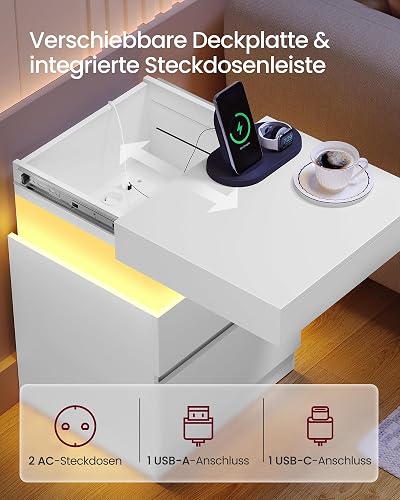 VASAGLE Table de Chevet, Lot de 2, avec Multiprise, LED, 2 Tiroirs - 3