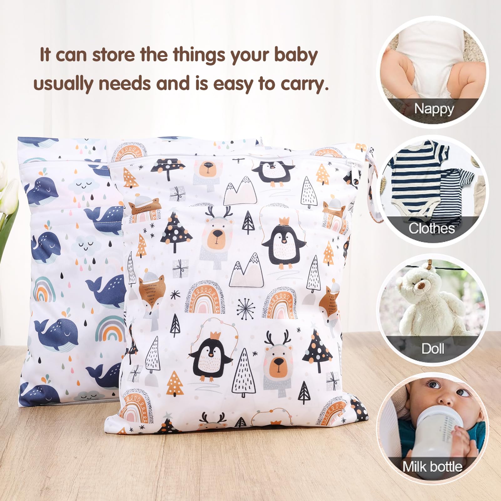 2 Stück wasserdichte Stoffwindeln Nasstaschen Große Wickeltasche Wetbag Nasstaschen Wiederverwendbare,Cartoon-Druck Wet Dry Cloth Windeltasche mit Reißverschluss für Baby Reisen Unterwegs