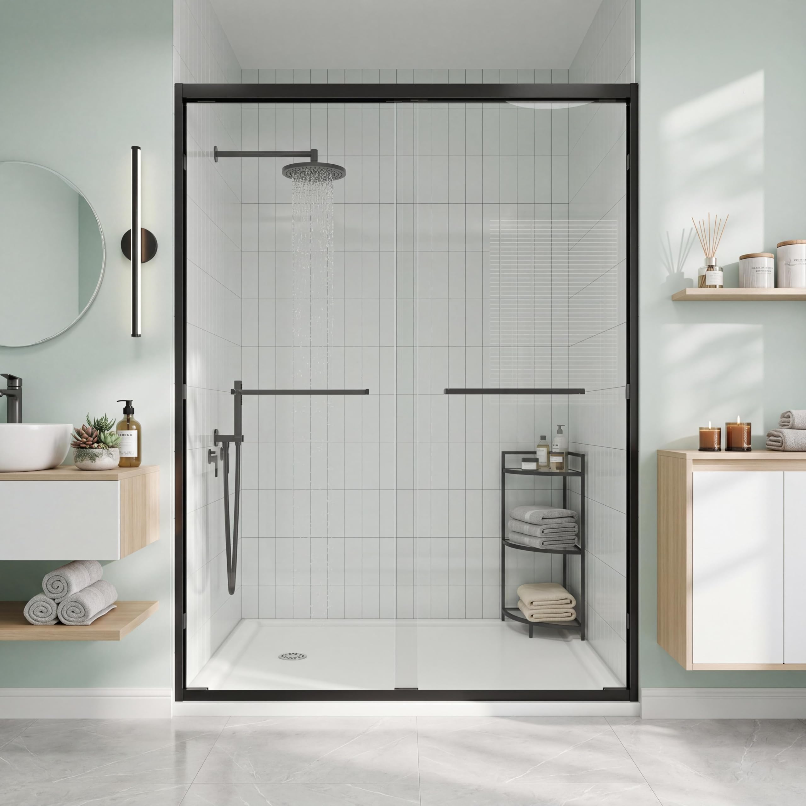 Photo 1 of 56-60 in. w x 72 in. h Frameless Double Sliding Shower Door, 5/16" Clear Tempered Glass with Matte Black Frame, Quiet Bypass for Walk-in, Dual/Single Slide, Reversible Opening-----FACTORY SEALED