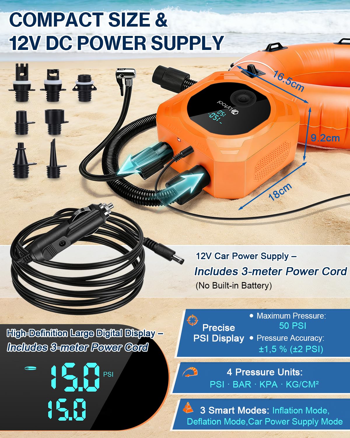 Lytool SUP pompa elektryczna 12 V DC i 7 dysz, przenośna elektryczna pompka do basenu, materaca, wiosła