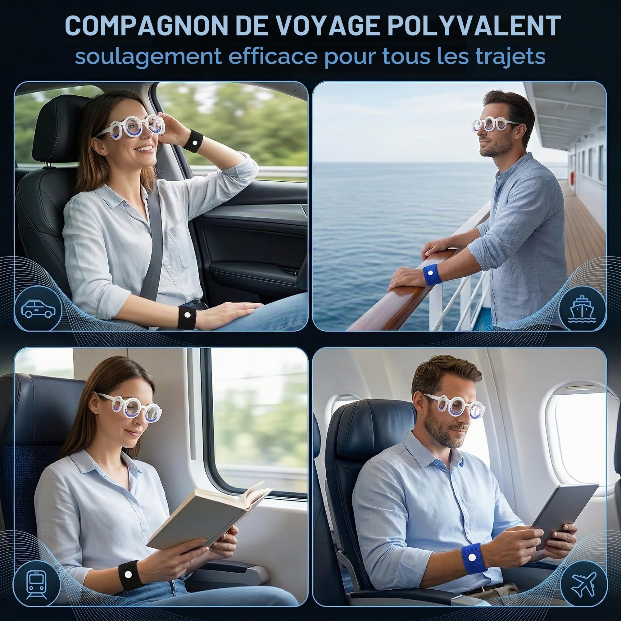 Lunettes Anti Mal des Transports et Anti Nausée, avec 2 Bracelets Anti Vomissement, pour Voiture, Bateau, Croisière et Avion
