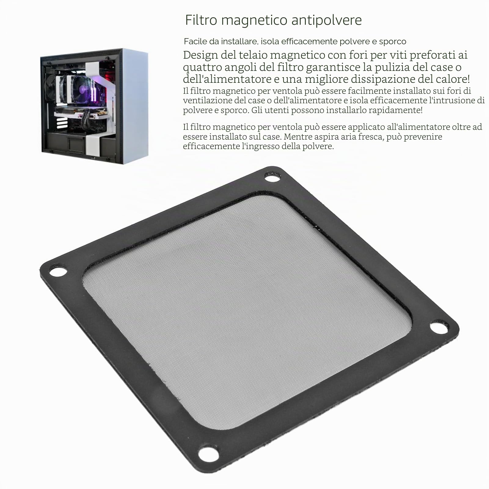 Filtro Antipolvere per Ventola PC, 5 Pezzi 80x80 mm Griglia Copertura con Telaio Magnetico, Nero