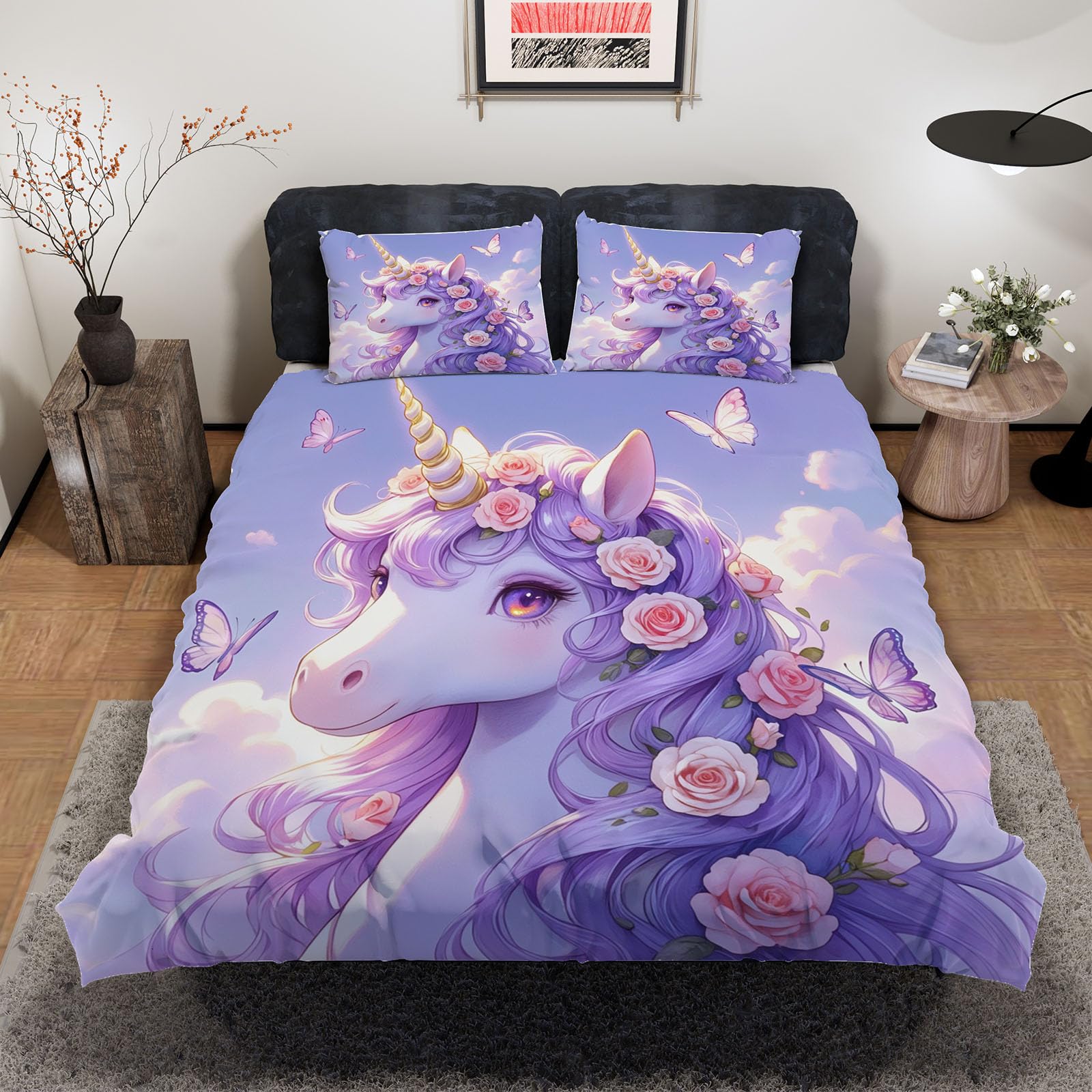Housse de couette licorne 220x240cm 2 personnes parure de lit doux fleurs microfibre