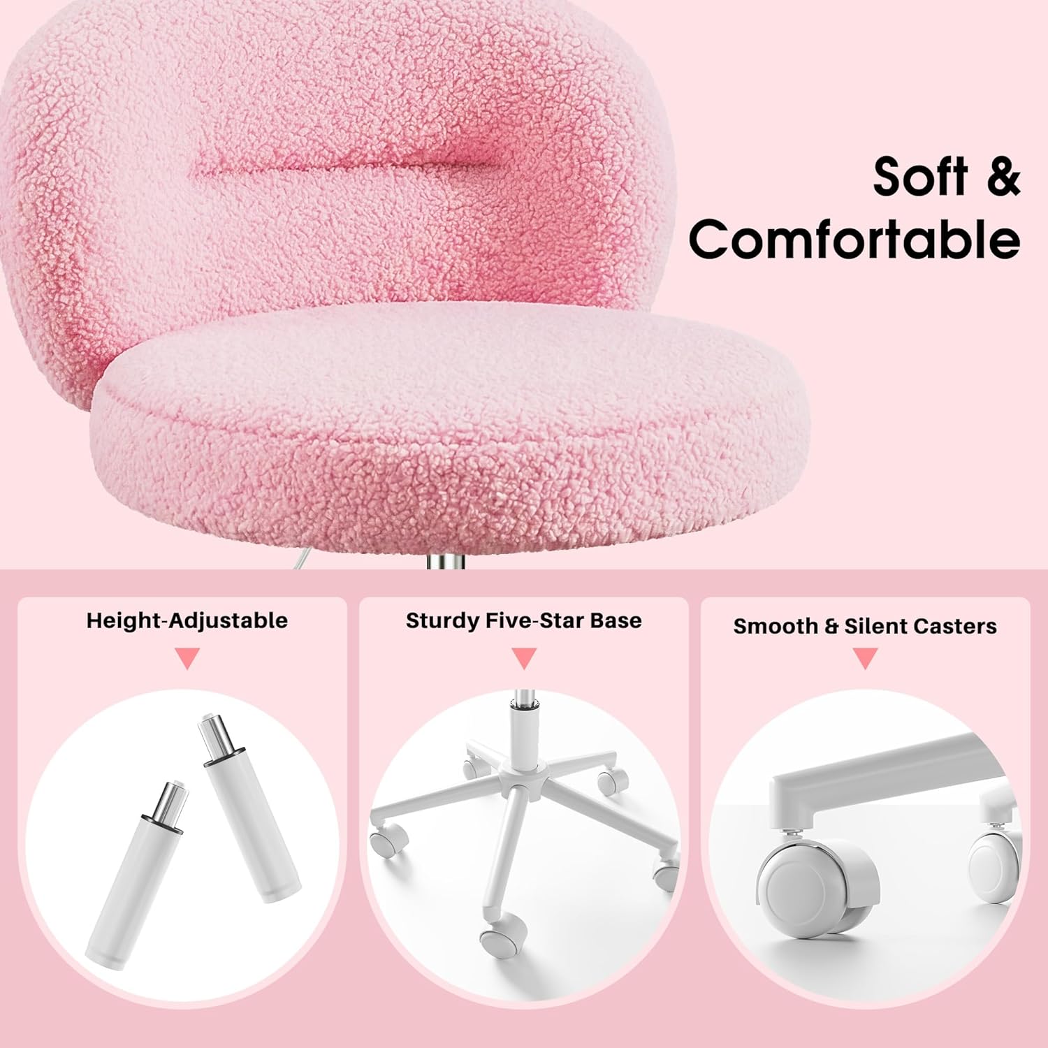 Small Round Vanity Chair, Armless Home Office Desk Chairs with Back, Height Adjustable & 360° Swivel, Cute Comfy Vanity Computer Chair for Bedroom, Home Office, Pink