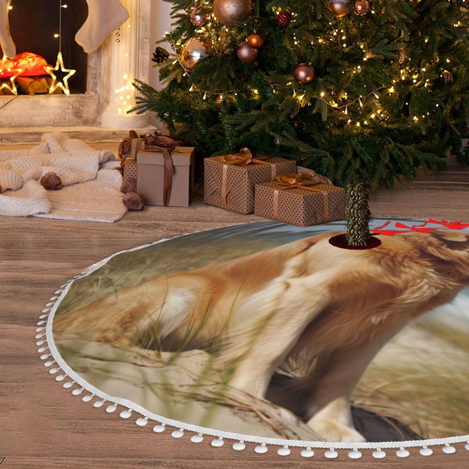 Jupe de sapin de Noël en peluche de 122 cm avec motif Golden Retriever pour tapis de fête