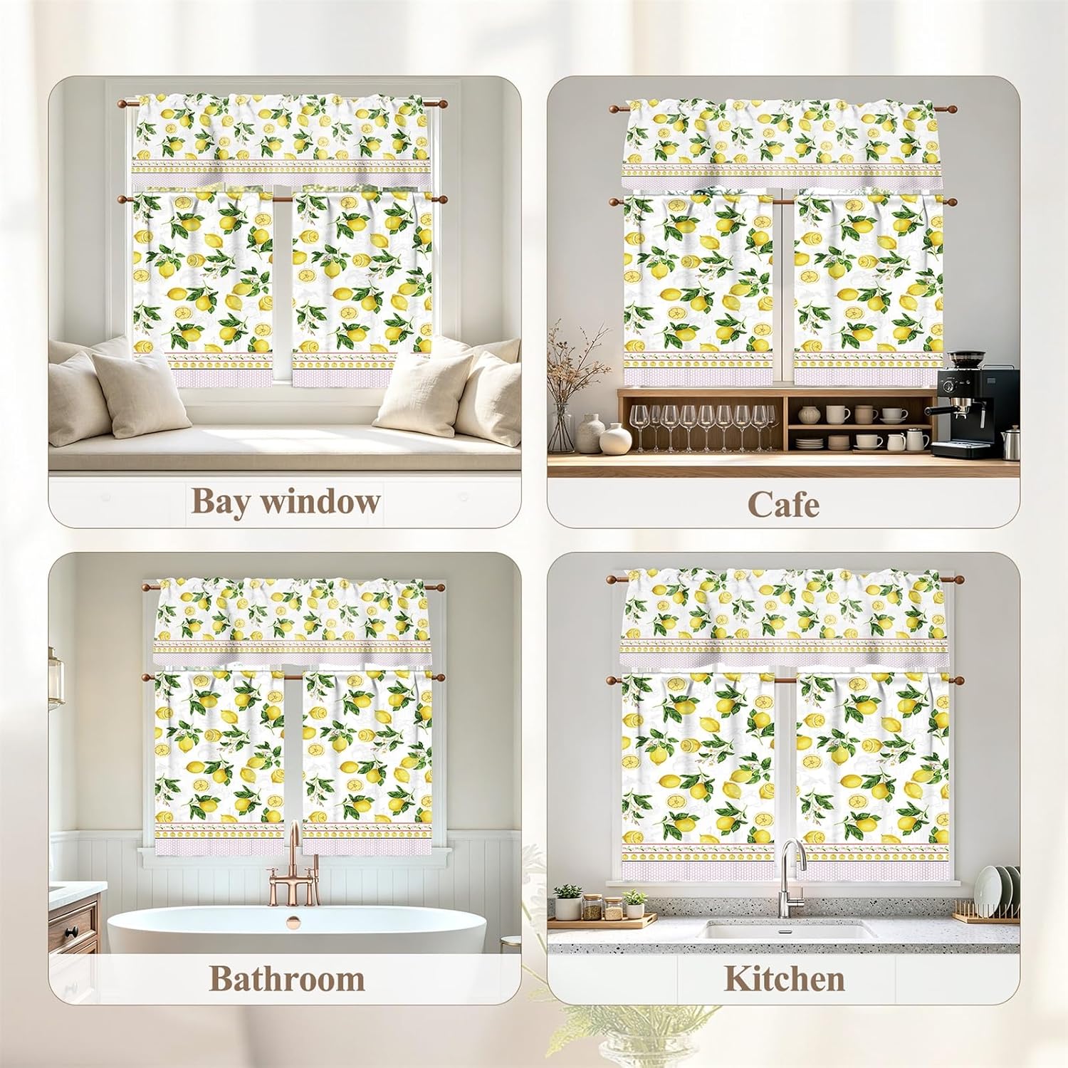 Renaiss Lemon Kitchen Curtains Sets for Windows Floral Yellow Farmhouse Curtain Valance Set 3 Piece Short Cafe Curtains Lemon Summer Kitchen Decor for Home Rod Pocket 36 inch Length