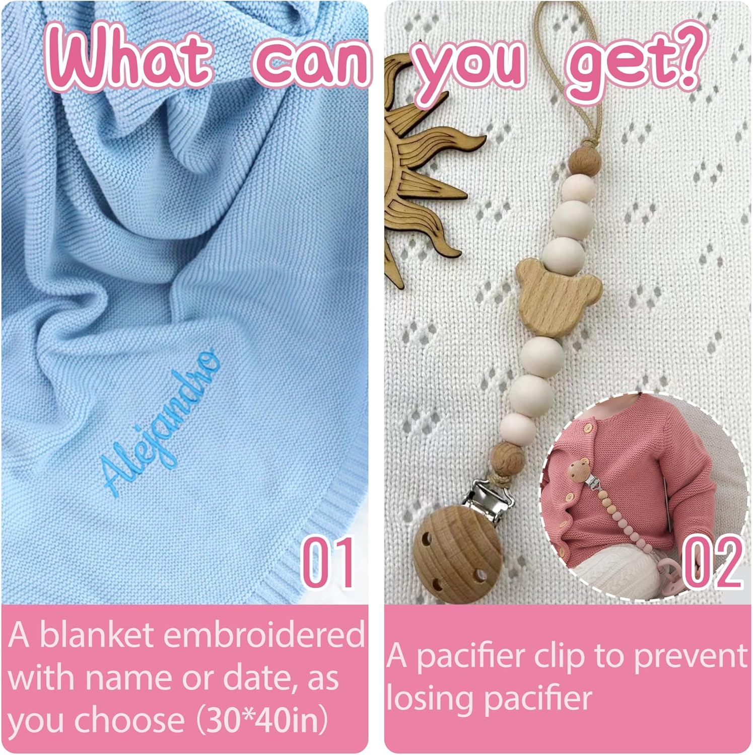 Personalized Baby Blanket with Name, 30x40in Customized Baby Blanket with Pacifier Clip, Knit Blanket with Name/Date, Custom Baby Gifts for Newborn - Image 2