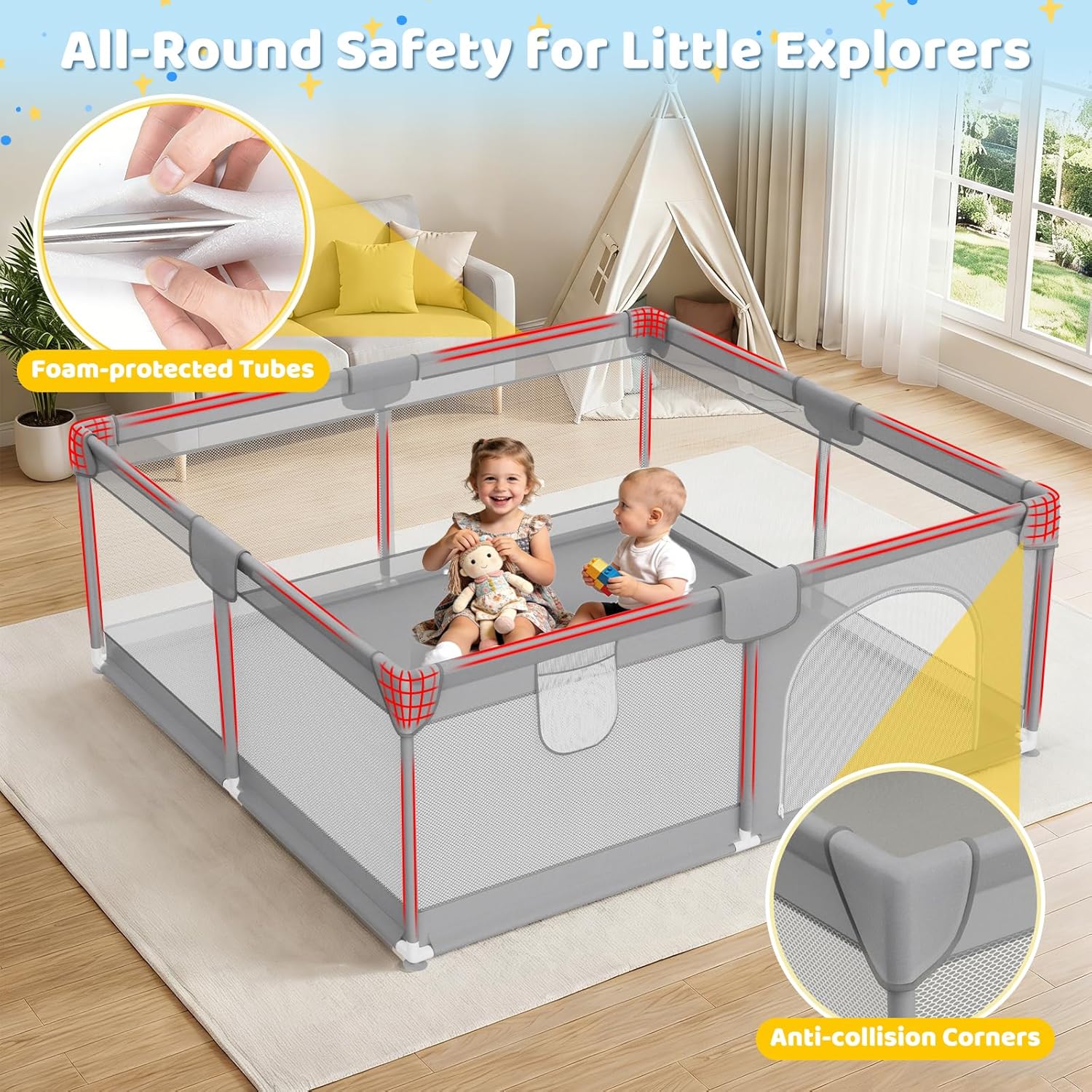 64"x64" Large Baby Playpen for Toddlers - Indoor Safe Skin-Friendly Oxford Playard Sturdy 19mm Steel Activity Center Foam Padded Rails 2 Pull-Up Rings Light Grey