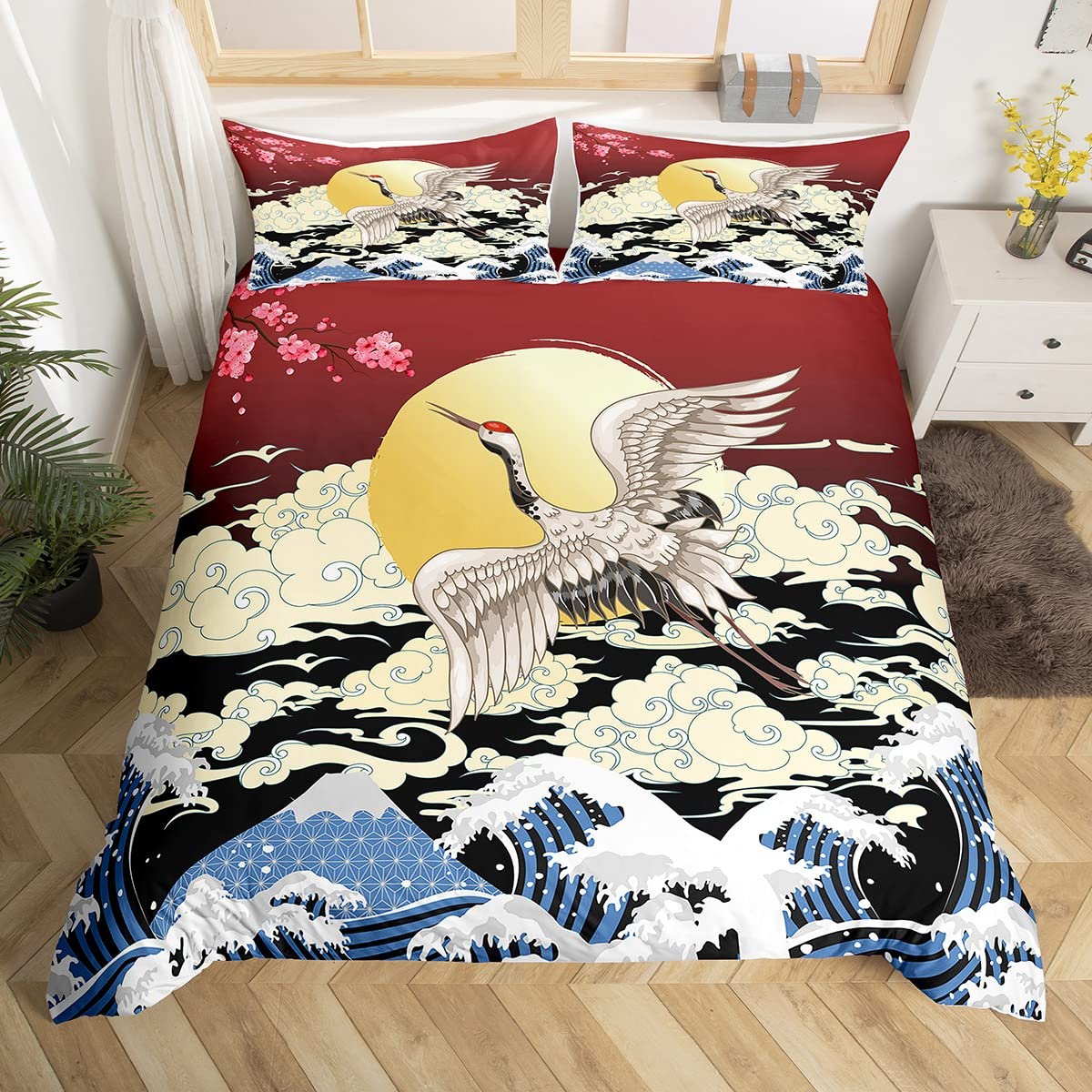Parure de lit King Size Hokusai au motif de grue blanche et vagues japonaises