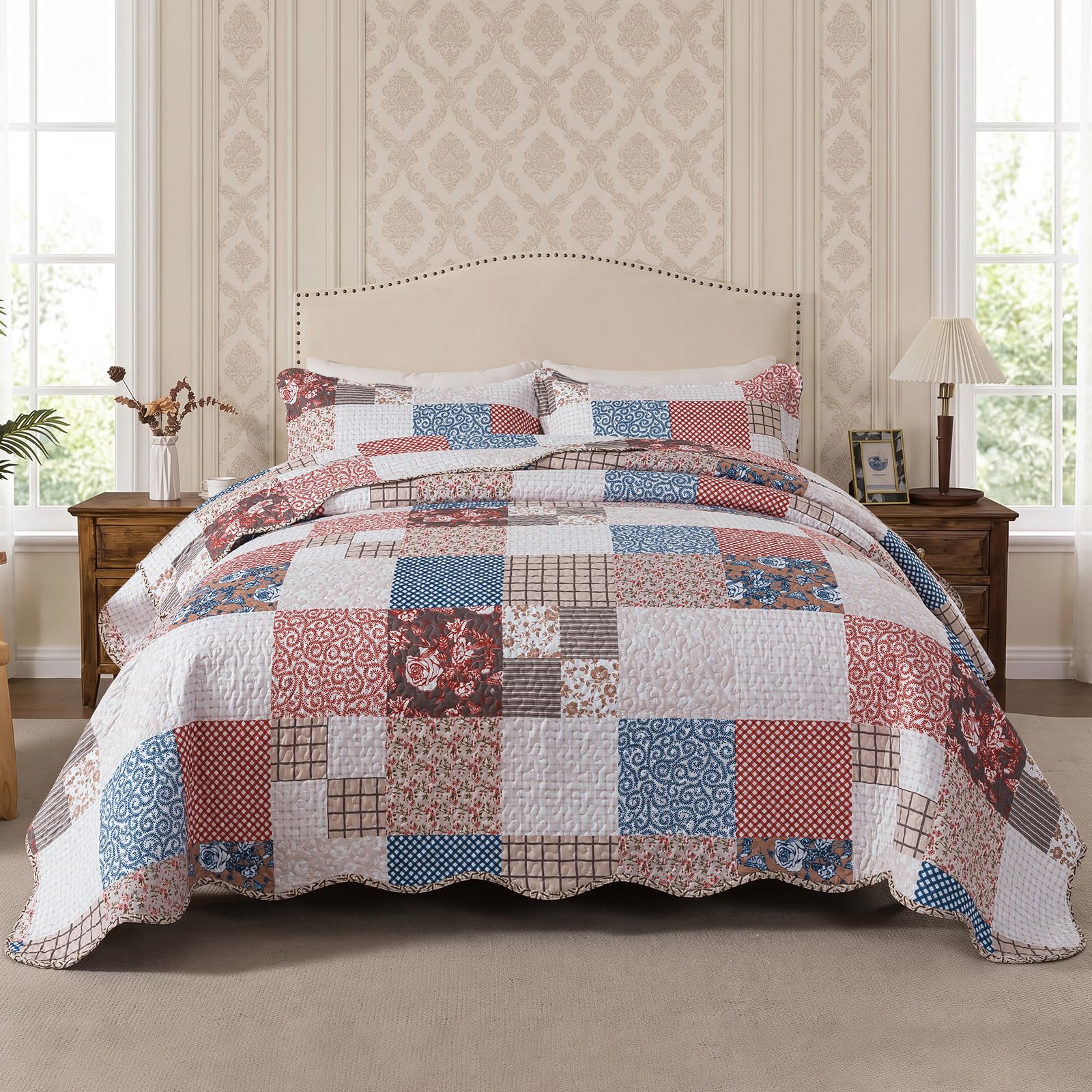 NEWLAKE Quilt Set Queen Size, Bedspread Sets Dusty Rose Grid, Quilt Bedding Set Lightweight and Breathable for All Seasons, Soft Quilted Bedspread with 2 Pillow Shams