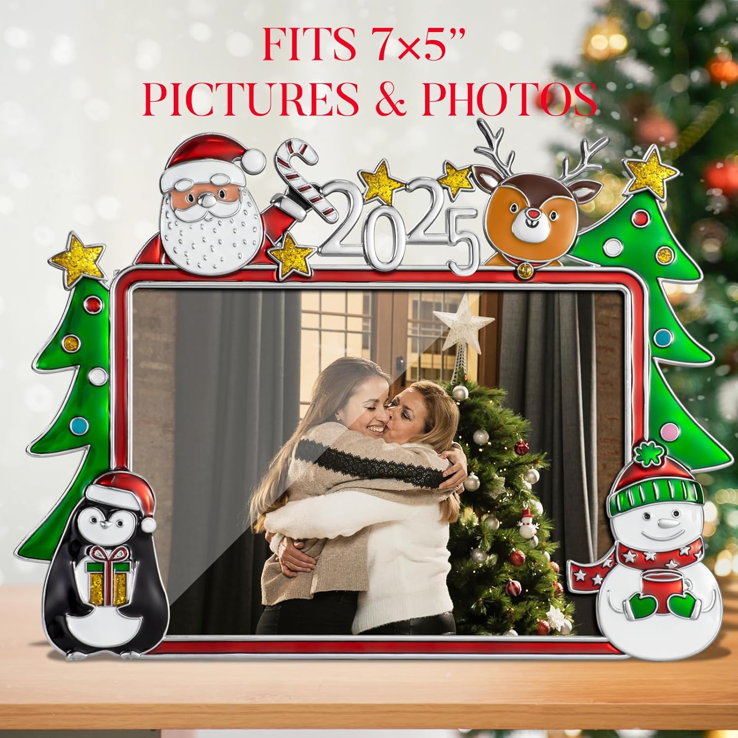 Christmas 5x7 Picture Frame Christmas Metal Display Photo Frames with Rhinestone High Definition Glass Front Gift Ideas Tabletop Home Decorative (2025 Snowman Reindeer, Red)