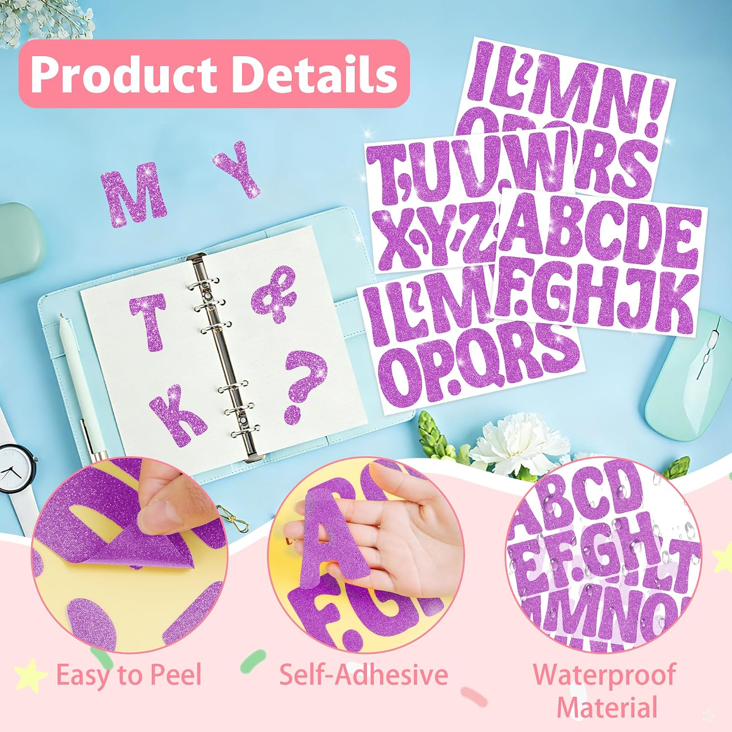 152 PCS Glitter Letter Stickers, 3 Inch Large Alphabet Stickers, Self-Adhesive Capital Letters for Bulletin Board, Poster Board, Classroom Decor, Birthday Party, Wedding, Mailbox DIY Crafts (Purple)