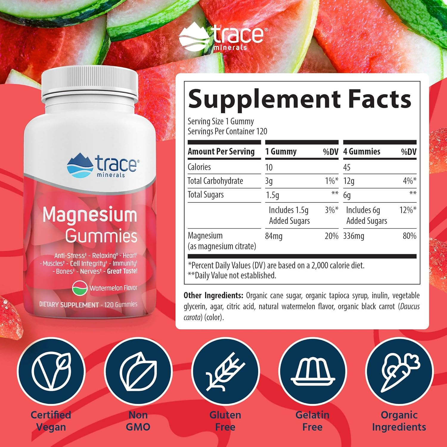 Magnesium Stress Relief Gummies (120 Ct) | Easy to Take Magnesium Citrate | Natural Calming Sleep Aid, Muscle Relaxer, Mood & Digestive Support Supplement | Great for Kids & Adults (Watermelon Flavor) : Health & Household