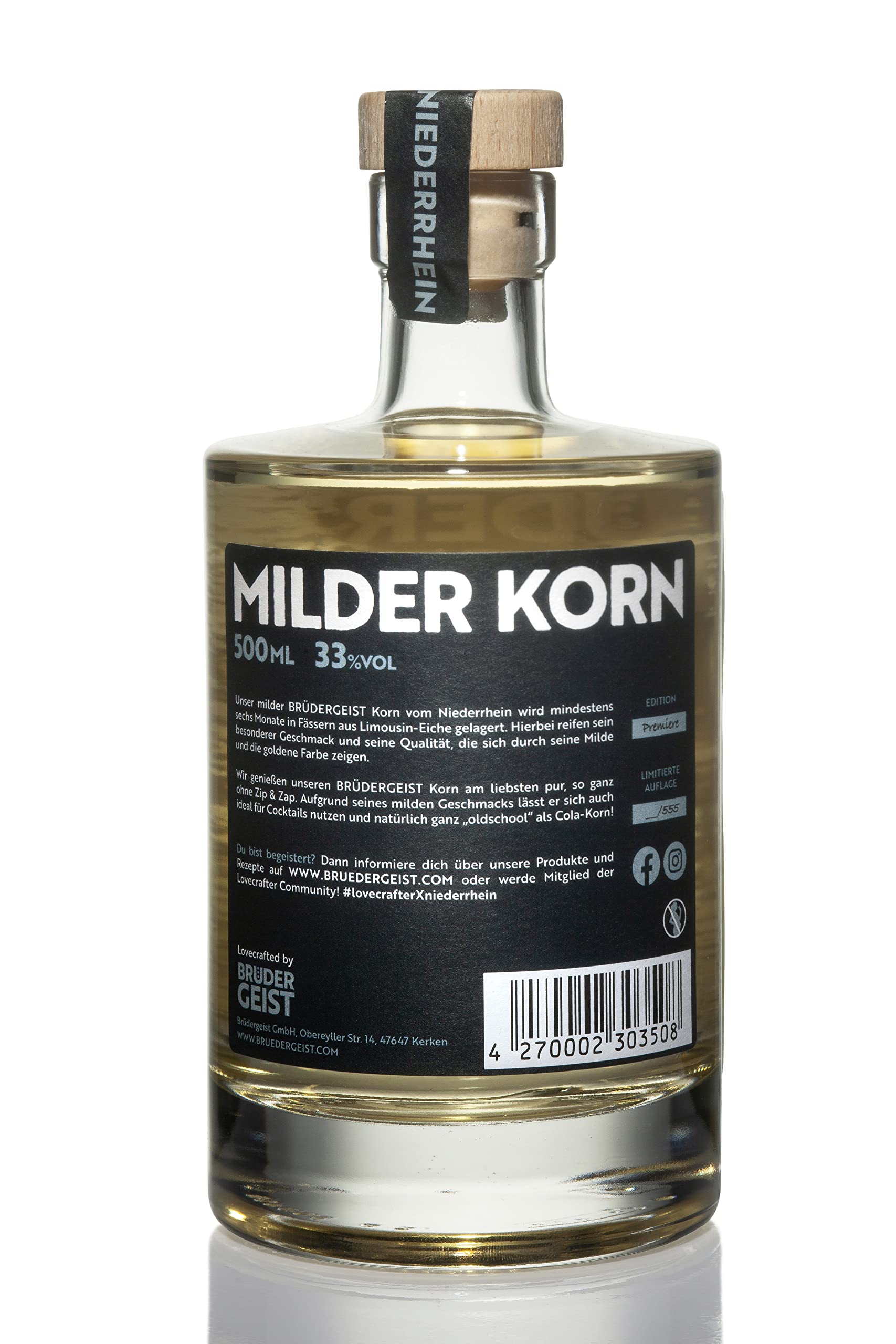 Brüdergeist Milder Korn | Fassgelagerter Weizenkorn | mind. 6 Monate in Limousin-Eiche gelagert | Extra Mild | Ausgezeichnete Premiumspirituose | Flasche=Unikat | Vom Niederrhein | 33% Vol. | 500ml