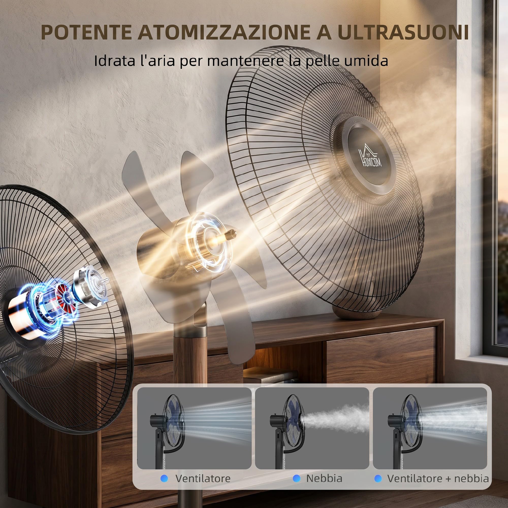 HOMCOM Ventilatore Nebulizzatore con Serbatoio da 3L 50 cm 125 cm Nero | 3 Velocità, Oscillazione 75°, Ventilatore a Piantana, Nebulizzazione Regolabile, Ruote, 90W