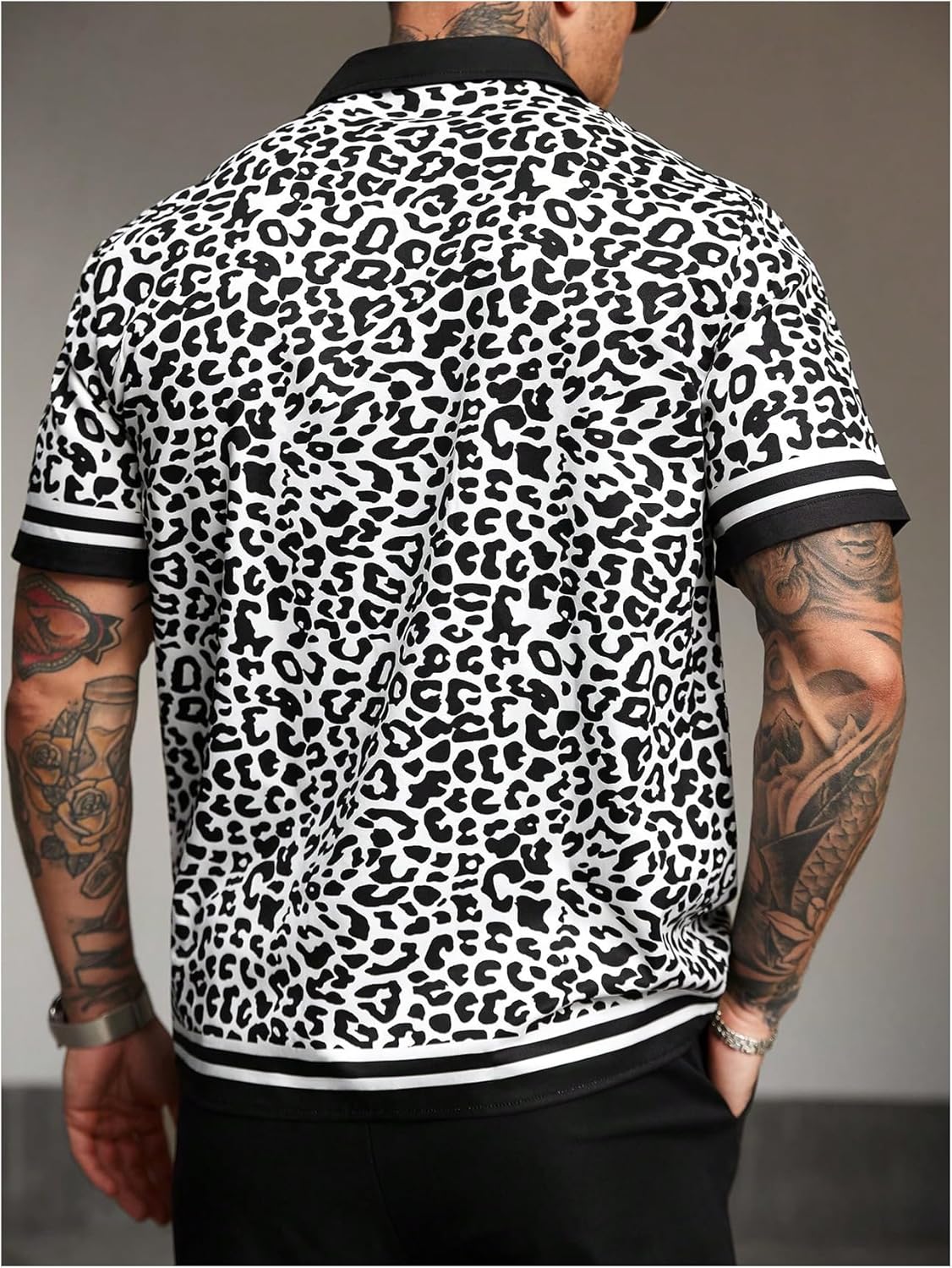 SHENHE Men's Button Down Short Sleeve Leopard Print Shirt Lapel Collar Casual Top - Image 3