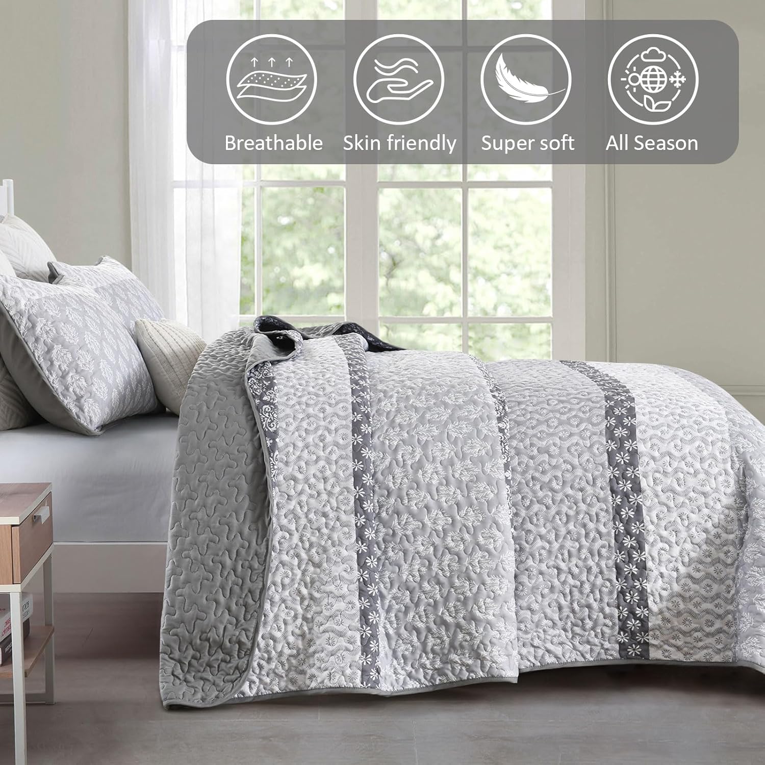 Cottolester Boho Quilt Set King Size Gray Farmhouse Quilt Bedding Set Striped Lightweight Summer Bedspread Coverlet Bedding Set 104"x90" (3 Pieces) - Image 3