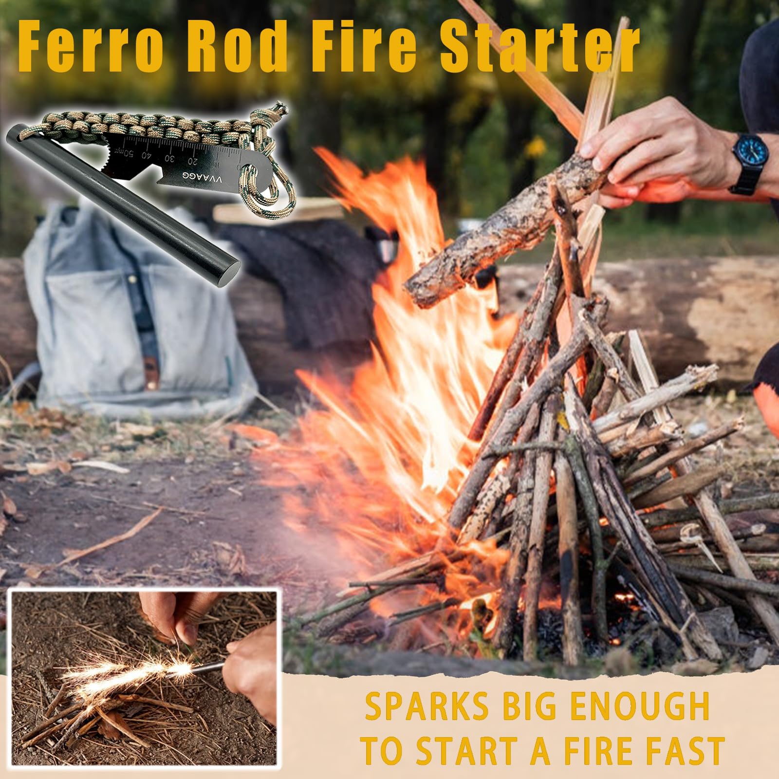 VVAAGG 10 cm duże pręty Ferro, Survival Flint Fire Starter Kit z pomarańczową rączką paracordu i zaczepem