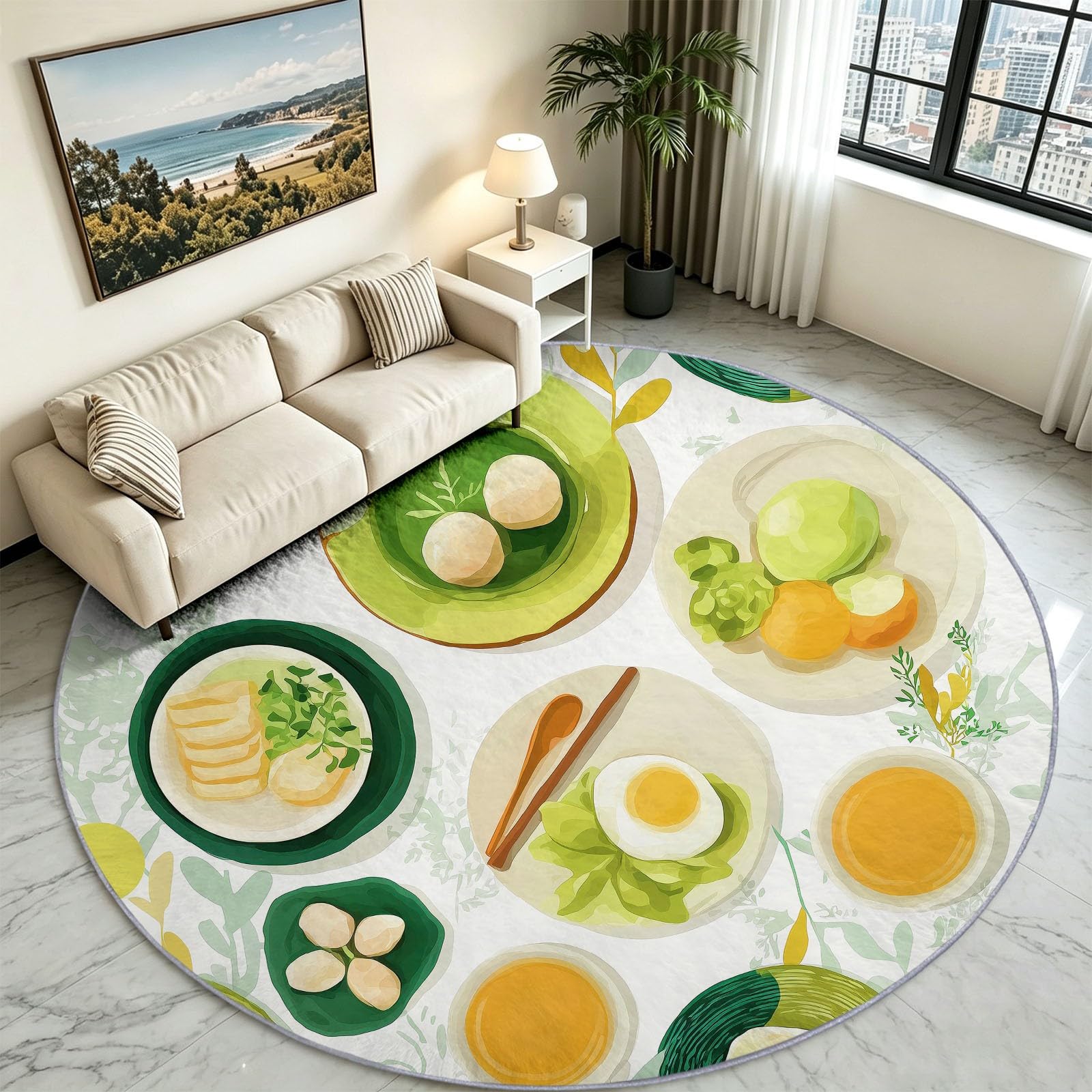 Teppich Rund Schlafzimmer Ø 200 cm, Weiß | Kurzflor Rutschfest Pflegeleicht Niedlich Essen Tee Gebäck Teppiche Waschbar Wohnzimmerteppiche Weich für Flur, Kinderzimmer, Leseecke, Spielzimmer