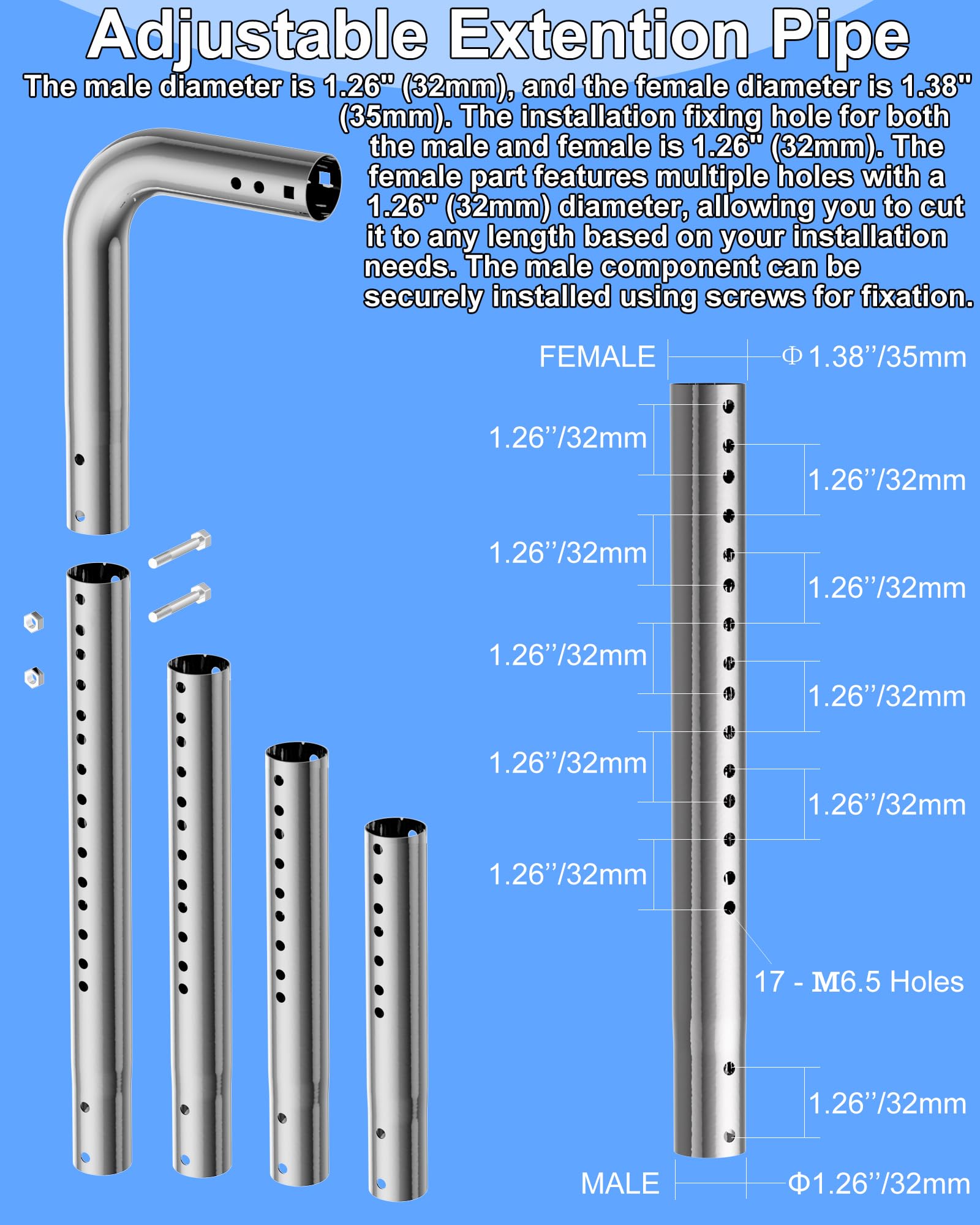 Langer Wand-Antennenhalter - Langer Dachrinnenstab mit 90° Winkel, Verlängerungsrohr, Verbindungsadapter und Schrauben. Perfekt für externe TV-Antennen (Silber)