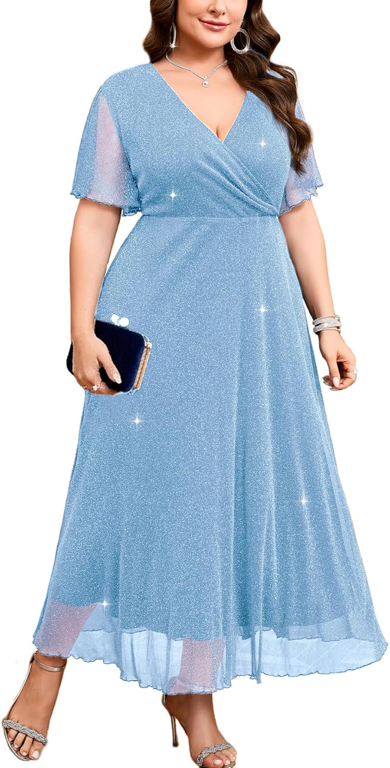 ZOMVA Plus Size Sparkly Maxi Dress V-Neck Wrap Ruffle Sleeve A-Line Glitter Gown Wedding Guest Cocktail Evening Party