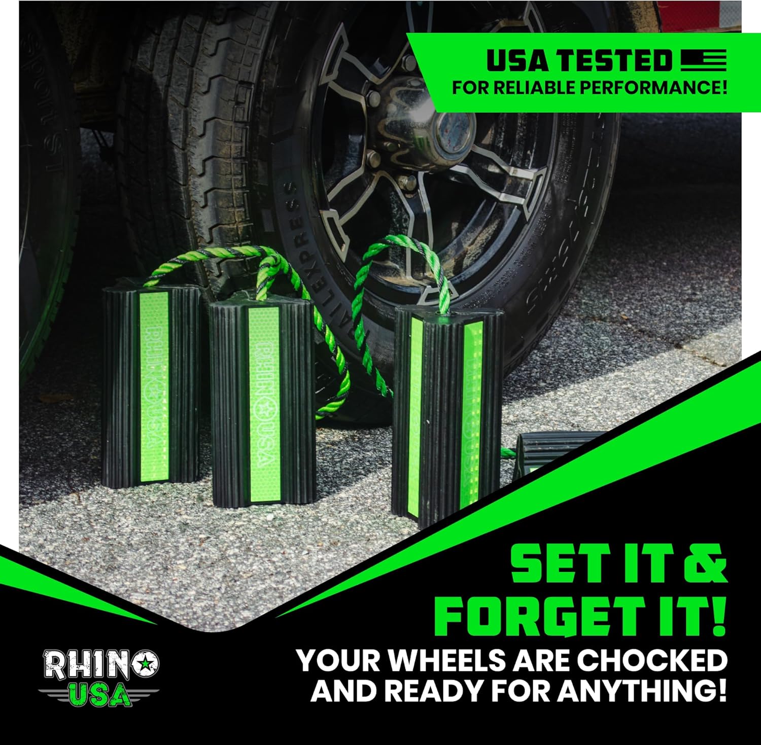 Rhino USA Heavy Duty Rubber Wheel Chocks for Trucks, Trailers, Tires, RVs & Air Planes - Durable, Non-Slip Chocks for Maximum Safety