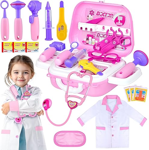 GINMIC Kit de juego de médico para niños, juego de 22 piezas con disfraz de médico de juego de rol y funda de transporte para niños pequeños y