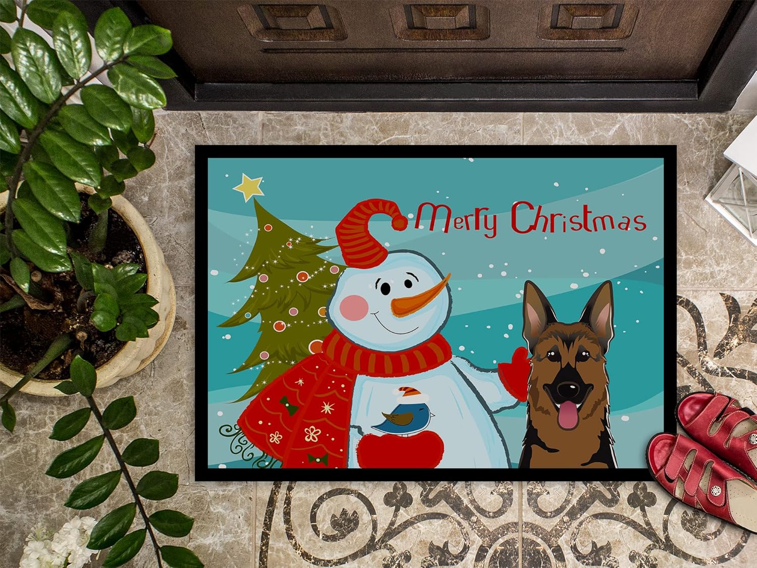 Caroline's Treasures BB1831MAT Snowman with German Shepherd Doormat 18x27 Front Door Mat Indoor Outdoor Rugs for Entryway, Non Slip Washable Low Pile, 18H X 27W