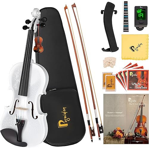 Poseidon Violin for Beginner, Violin Set with Acoustic Violin Starter Kit/Hard Case, Two Bows, Two Rosins,Two Horse Bridge, Extra Strings, Shoulder Rest, Clip-on Tuner, Instruction Manual, White