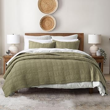 HORIMOTE HOME 100% Cotton Quilt Twin Size Olive Green Bedspread, Pre-Washed 2PCS Cozy Lightweight Stitching Decorative Bedding Cover Coverlet Set with 1 Sham in Geometric Pattern for All Season