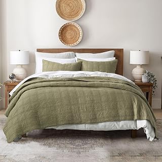 HORIMOTE HOME 100% Cotton Quilt Queen Size Olive Green Bedspread, Pre-Washed 3-Piece Cozy Lightweight Stitching Bedding Cover Coverlet Set with 2 Shams in Geometric Pattern for All Season