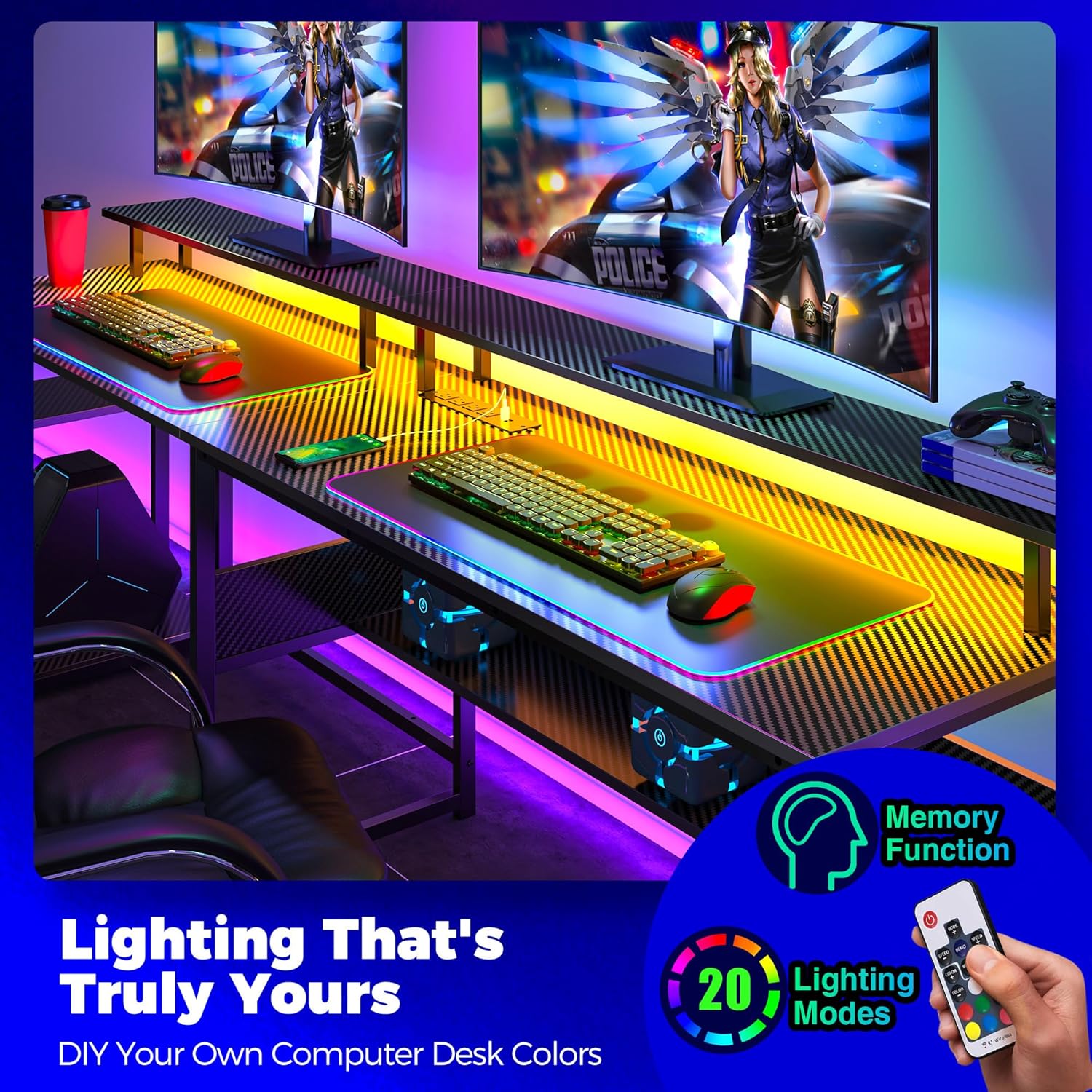 Desk shown in various configurations: L-shaped and long desk