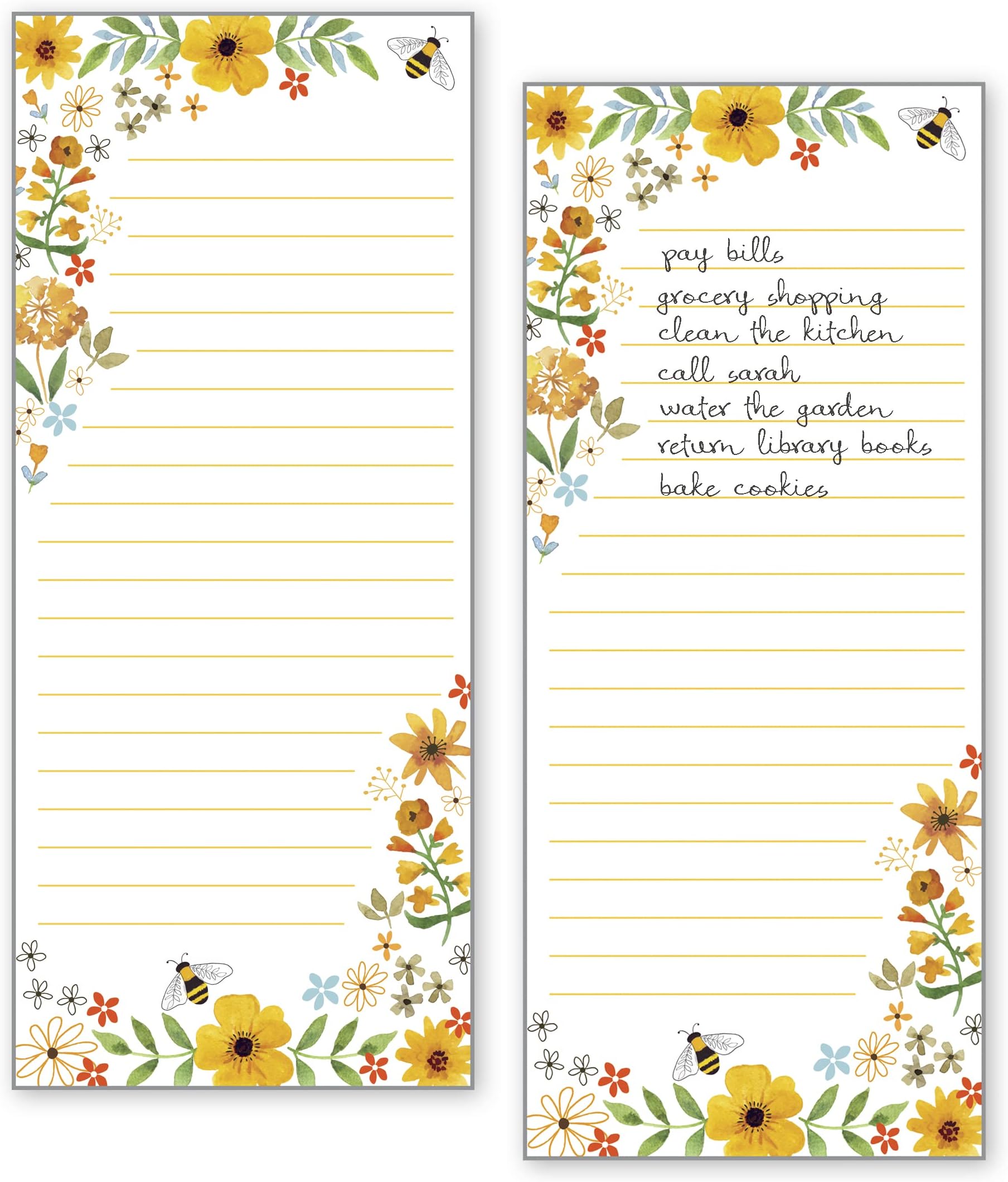 Gina B Designs Set of 2- Bees Flowers and Honeycomb List Pad, Notepad, Shopping List with Attachable Magnet